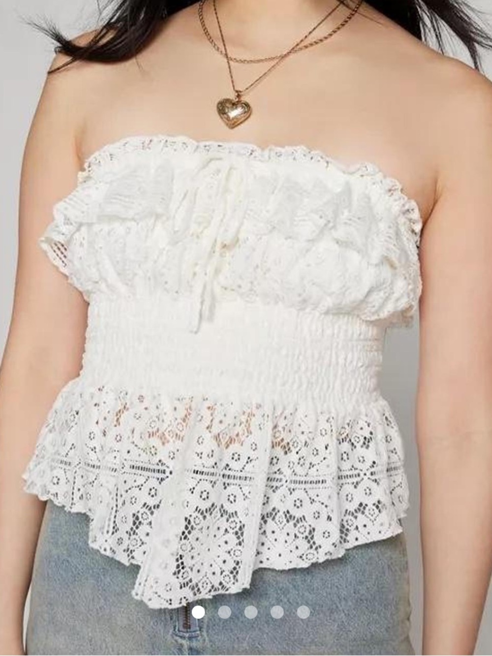 White Lace Crochet Embroidery Ruffle Trim Peplum Smocked Strapless Tube Top XS S